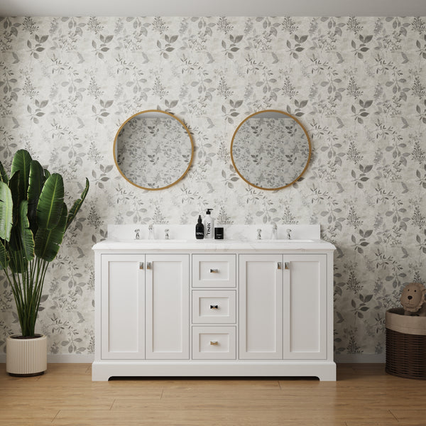 Vanity Sink Combo featuring a Marble Countertop, Bathroom Sink Cabinet, and Home Decor Bathroom Vanities - Fully Assembled White 60-inch Vanity with Sink 23V02-60WH