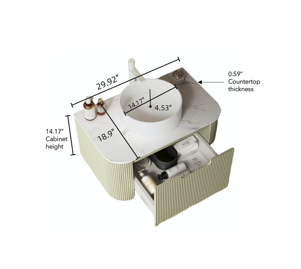 DINA 30" Bathroom Vanity with Sink, Modern Wall-Mounted Floating Curved Edges Striped Bathroom Storage Cabinet with a Drawer, White Artificial Marble Basin without Faucet, Pre-assembled, Light Green