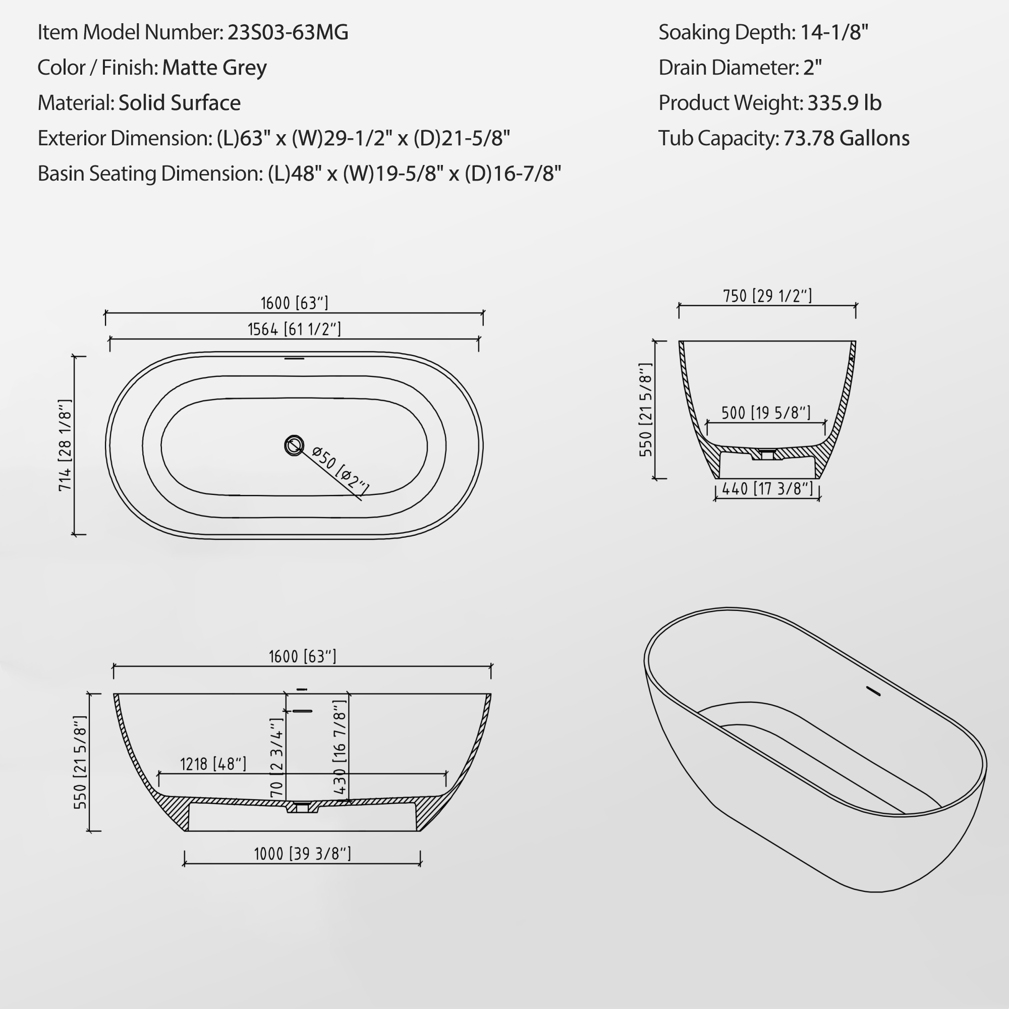 63" Luxury Engineered Solid Surface Bathtub, Stone Resin Freestanding Soaking Bathtub with Overflow and Pop-up Drain for Contemporary Bathroom, Matte Grey 23S03-63MG