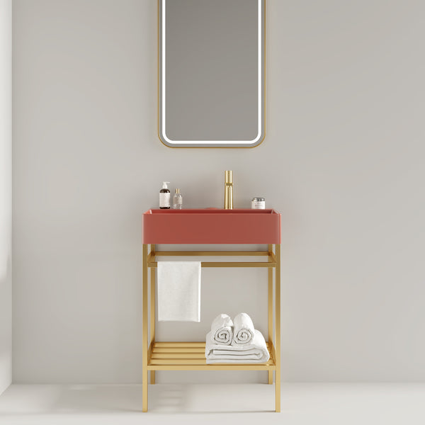 LOFI 24" Bathroom Vanity with Ceramic Basin, Freestanding Bathroom Console Sink Set, Glossy Red Rectangular Ceramic Basin without Faucet, Open Metal Leg, Storage Shelves, Gold