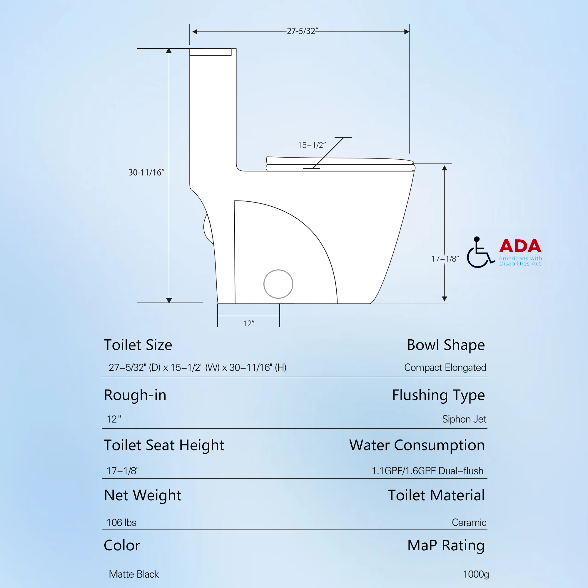 One Piece Toilet 1.1/1.60 GPF Dual-Flush, Water-Saving Elongated Comfort Height Floor Mounted, Soft Close Seat, 1000 Gram Map Flushing Score Toilet, Matte Black 23T01-MB-1