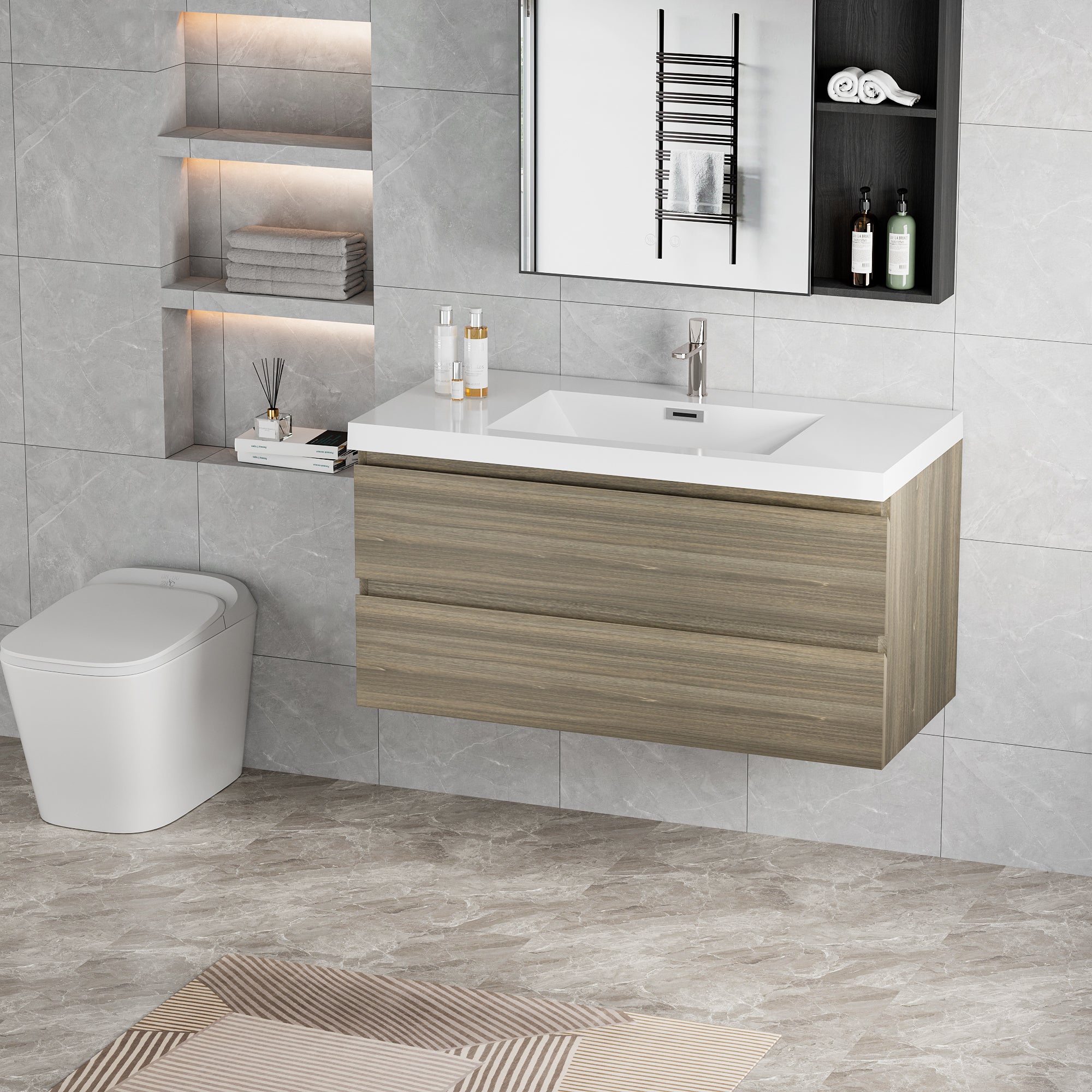 42" Floating Bathroom Vanity with Sink, Modern Wall-Mounted Bathroom Storage Vanity Cabinet with Resin Top Basin and Soft Close Drawers, Ash Grey 24V11-42AG