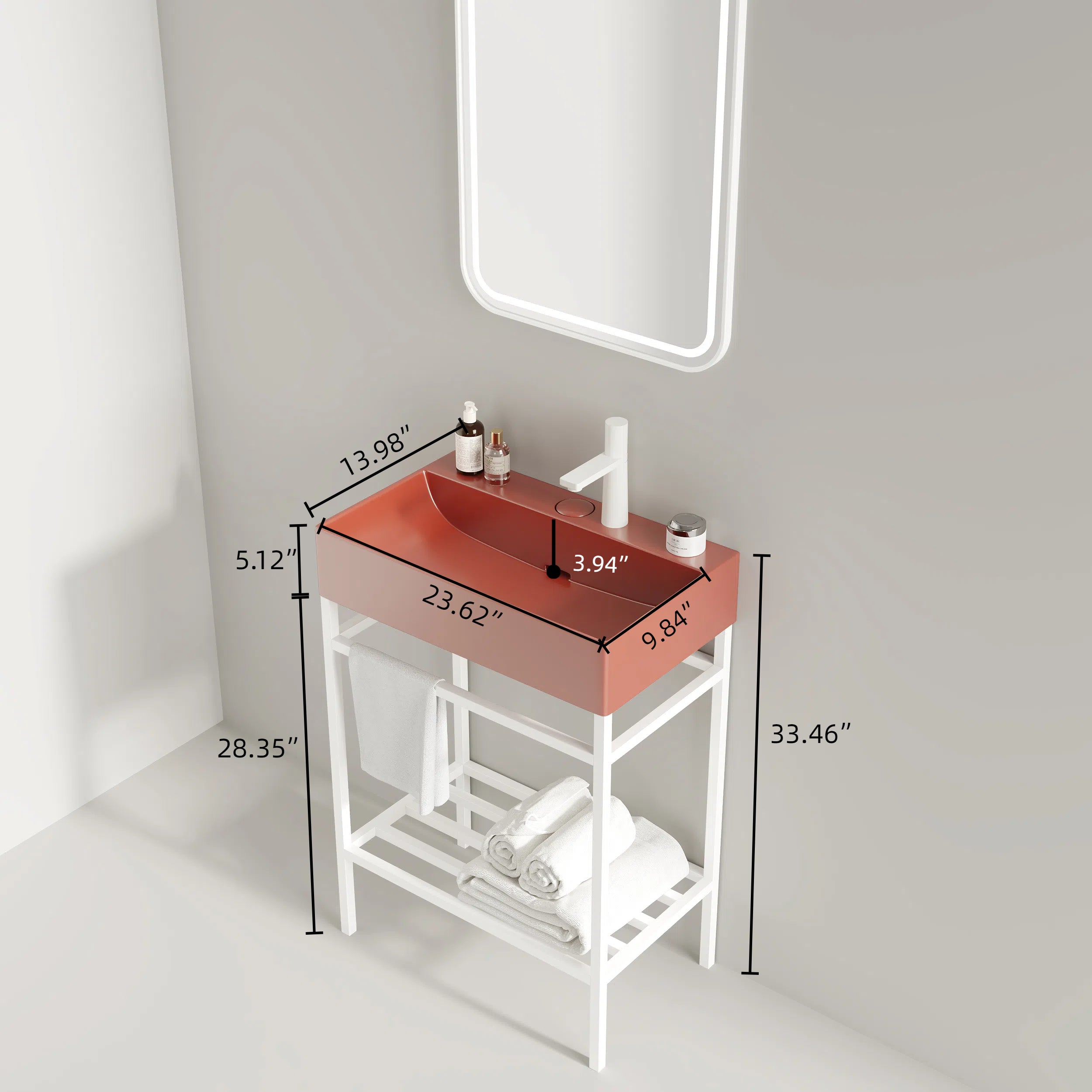 LOFI 24" Bathroom Vanity with Ceramic Basin, Freestanding Bathroom Console Sink Set, Glossy Red Rectangular Ceramic Basin without Faucet, Open Metal Leg, Storage Shelves, White