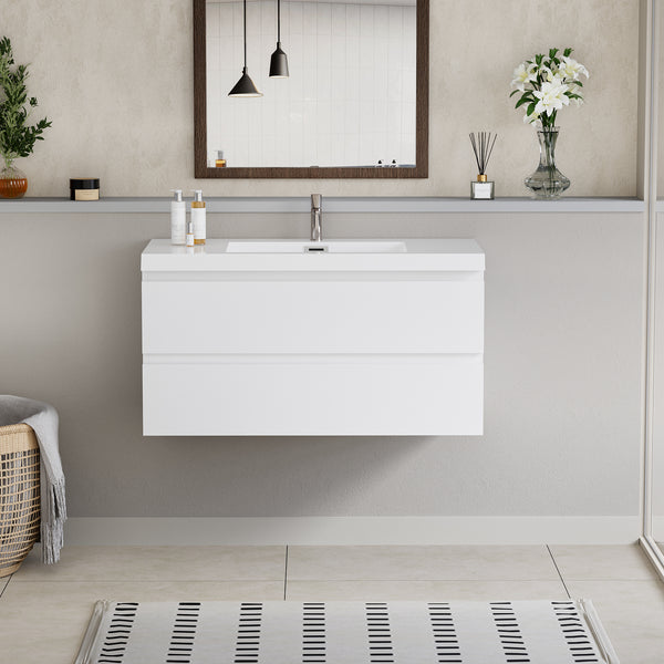 42" Floating Bathroom Vanity with Sink, Modern Wall-Mounted Bathroom Storage Vanity Cabinet with Resin Top Basin and Soft Close Drawers, Glossy White 24V11-42GW