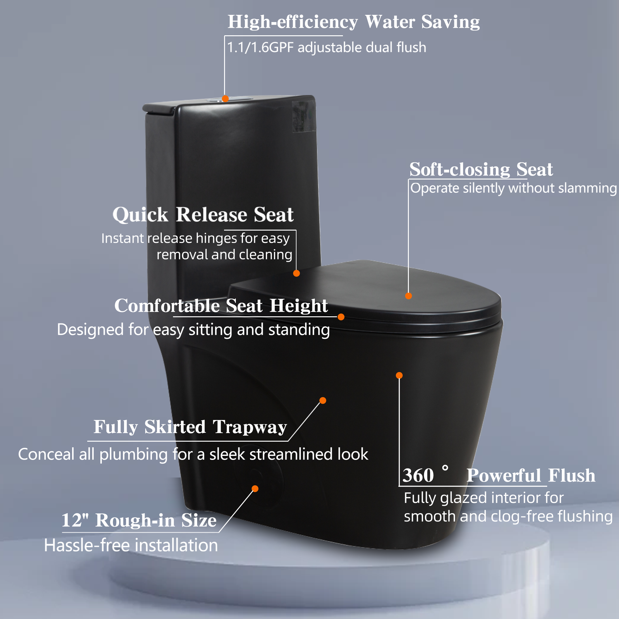 One Piece Toilet 1.1/1.60 GPF Dual-Flush, Water-Saving Elongated Comfort Height Floor Mounted, Soft Close Seat, 1000 Gram Map Flushing Score Toilet, Matte Black 23T01-MB-1